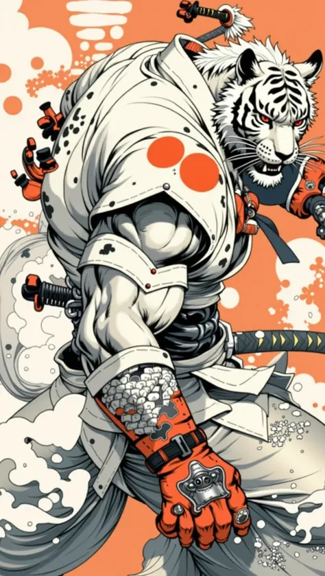 a close up of a tiger with a sword and wearing Keikogi, greg tocchini, inspired by Masamune Shirow, inspired by Kanō Hōgai, jean-sebastien rossbach, inspired by katsuya terada, jc leyendecker and sachin teng, inspired by Noriyoshi Ohrai, joe madureira