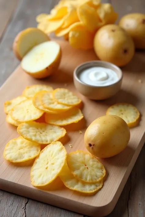 Wooden kitchen board. On top, a cooked potato with skin and a halved one. Next to it is a bowl of white sauce. On top of the same board place bagged Lays potato chips, They are very thin slices of potatoes. Sliced potatoes should be the main focus and smoo...