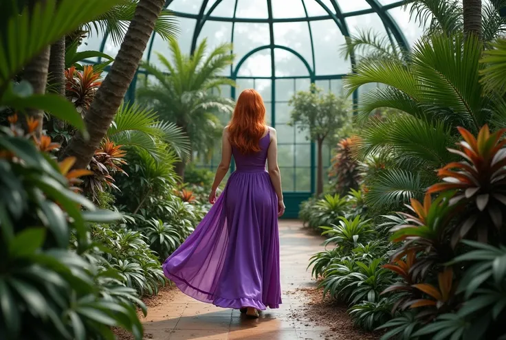 A red-haired woman of 40 is walking in a purple closed dress in a magical florarium in a greenhouse under a glass round dome passes through thickets of paportniki and palm trees 