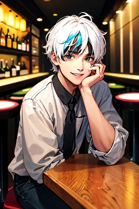 ((masterpiece)), (((best quality))), chromatic lighting,
colorized, white + black limited color palette, 
detailed concept drawing, no weird object on his face, street fashion,
at a bar, portrait, 20yo 1guy, slender, short white hair, black eyes, smiling