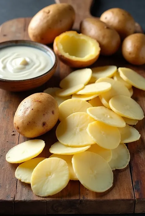 Wooden kitchen board. On top, a cooked potato with skin and a halved one. Next to it is a bowl of white sauce. On top of the same board place bagged Lays potato chips, They are very thin slices of potatoes. Sliced potatoes should be the main focus and smoo...