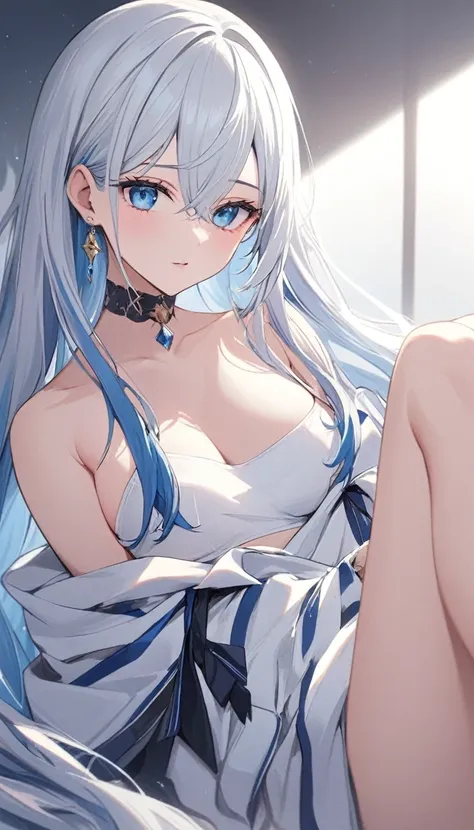 white hair, crossed bangs, very long hair, single sidelock, blue eyes, eye shadow, Aesthetically pleasing, Underwear tops, Iris sleeves, Stripes all over the clothes, Chest clings to clothing, White Off-shoulder coat, Blue hair accessories, Stunning, Exqui...