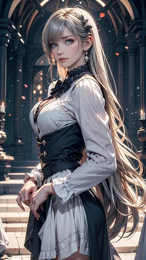 ((masterpiece)), (Highest quality))), (Character design sheet, National costume, same characters, front, ~ side, return), figure, 1 girl, whole body, Silver Hair, eyes hair, Beautiful Eyes, Princess Cut, Environmental change scene, Short skirt, Shyness, wo...