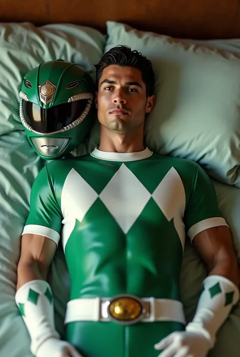 Cr7 green ranger mighty morphin suit lying on a bed (without helmet), looking at the camera