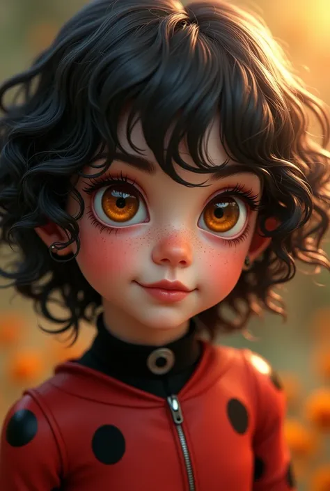 Girl with curly black hair and honey eyes in miraculous lady bug 