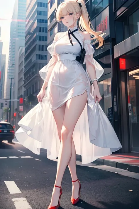 Blonde　ponytail　blue eyes　A beautiful woman　Simple Background,  Red lips, clear　White dress　Black heels　Adult atmosphere　Walking around the city　Glare/Make a displeased face/Dissatisfied, 