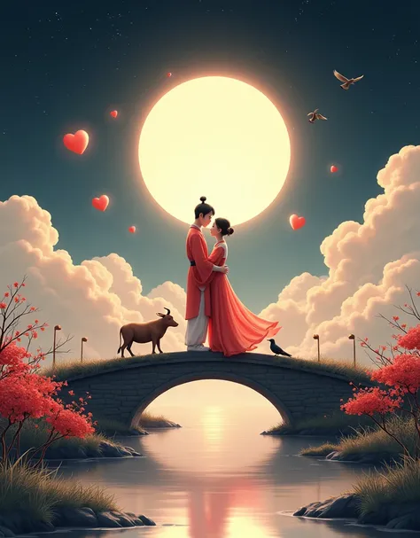 Romantic style illustration，Minimalist black background，Large area of white space，(Qixi Valentines Day)，Ancient Chinese Mythology，(Hanfu)，((Boys and girls snuggle together:1.7))，(Standing on the arch bridge)，(((A cute calf:1.7)))，(((3 magpies:1.8))), ((Flu...