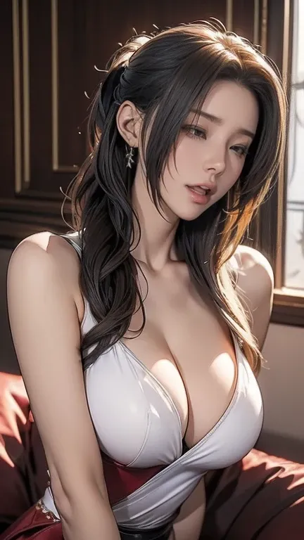 (masterpiece, best quality), Sexy fair-skinned female killer，big eyes，Immerse yourself in a medieval fantasy world:1.0、 (on the bed：1.1), High forehead, Long hair without bangs tied into a ponytail:1.0,  night, Detailed aspects,Large Breasts、Big Ass、Wide w...