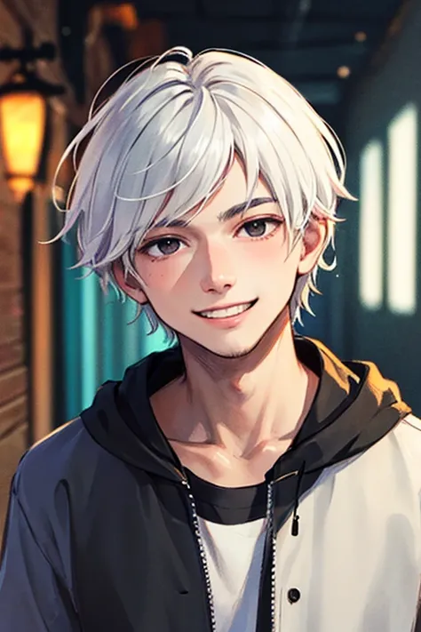 ((masterpiece)), (((best quality))), chromatic lighting,
colorized, white + black limited color palette, 
detailed concept drawing, no weird object on his face, street fashion,
bedroom, portrait, 20yo 1guy, slender, short white hair, black eyes, smiling