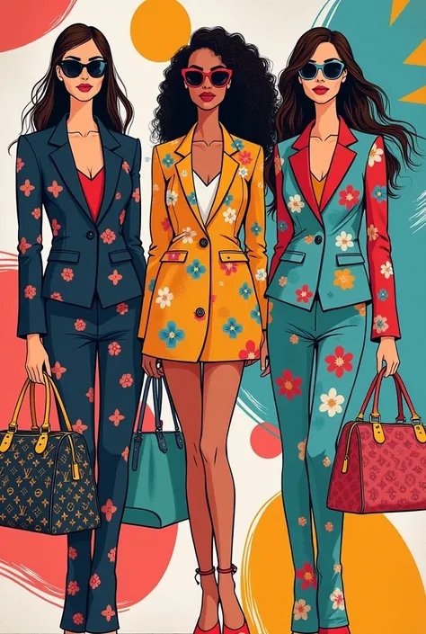 A vibrant and stylish illustration of three women wearing Louis Vuitton, each adorned with different patterns including flowers, leaves, and geometric shapes, standing in front of an abstract background that reflects the whimsical nature of their fashion s...