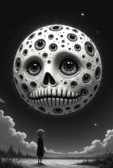 Create a moon with many eyes in drawing style 