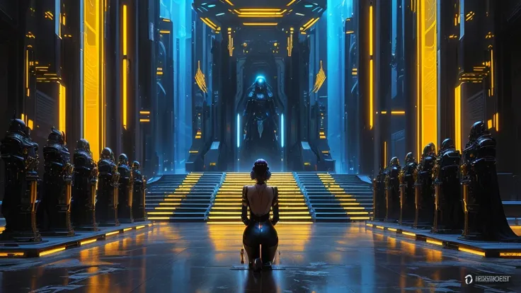 there is a kneeling woman standing in a corridor with many statues, in a futuristic arena, in a futuristic cyberpunk city, science fiction cinematic film, in front of her there are 3 large iron thrones, each throne is occupied by a person, cyberpunk scenar...