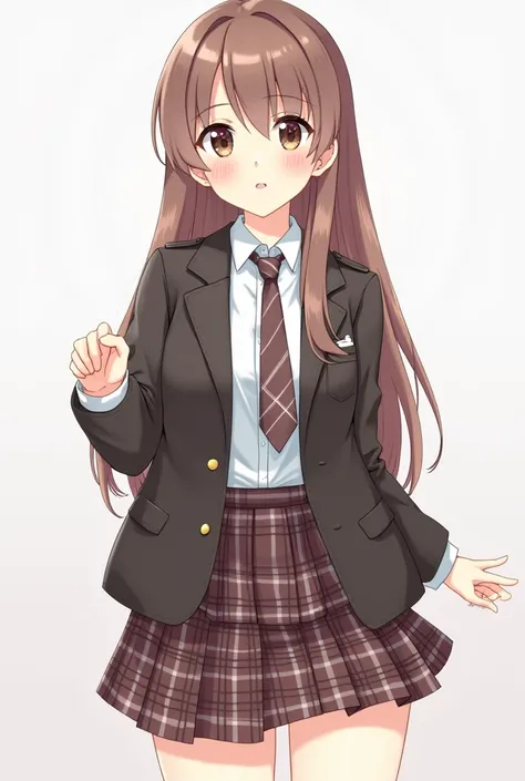 one girl, anime style, jacket, necktie, plaid skirt, beautiful, naive