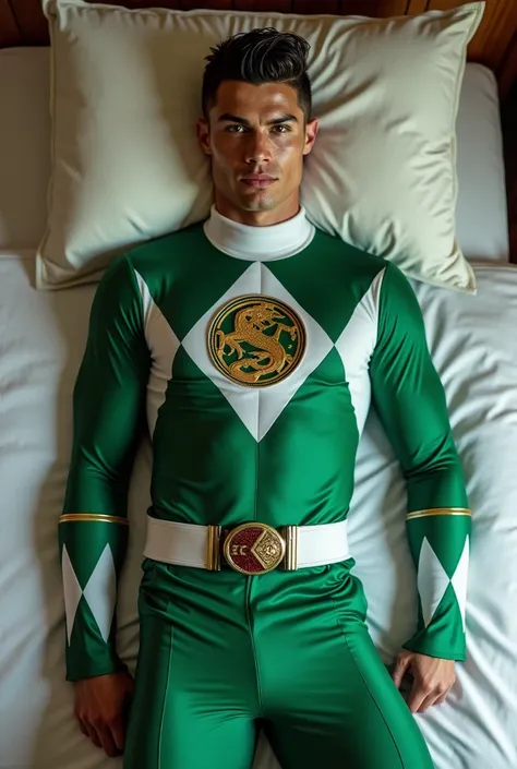 Cr7 green ranger mighty morphin suit lying on a bed (without helmet), looking at the camera