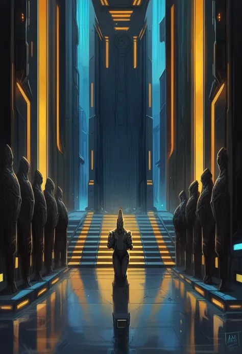 there is a kneeling woman standing in a corridor with many statues, she has a modern and futuristic armor suit, in a futuristic arena, in a futuristic cyberpunk city, cinematic science fiction film still, in front of her there are [[[3 large thrones of iro...