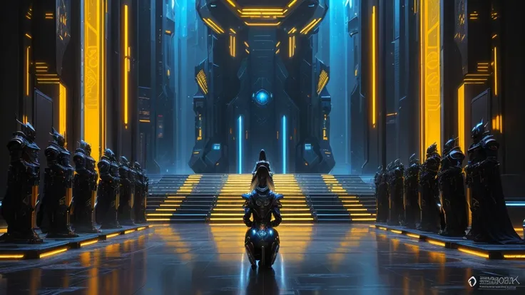 there is a kneeling woman standing in a corridor with many statues, she has a modern and futuristic armor suit, in a futuristic arena, in a futuristic cyberpunk city, cinematic science fiction film still, in front of her there are [[[3 large thrones of iro...