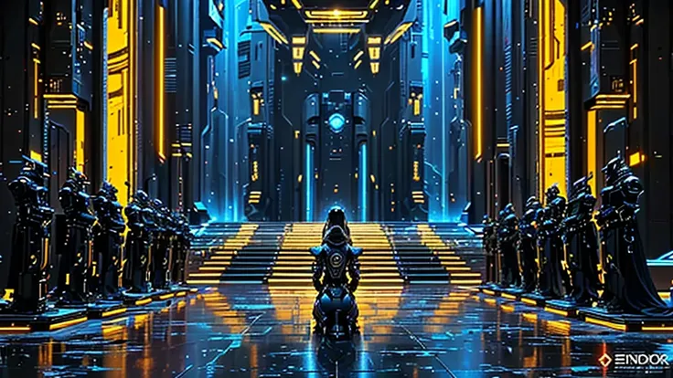 there is a kneeling woman standing in a corridor with many statues, she has a modern and futuristic armor suit, in a futuristic arena, in a futuristic cyberpunk city, cinematic science fiction film still, in front of her there are [[[3 large thrones of iro...