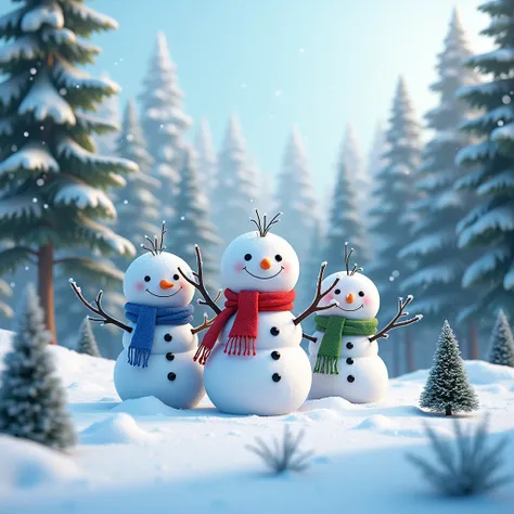 a beautiful detailed winter landscape, 3 snowmen in a snowy forest with blue, red and green scarves, tree branch arms, carrot noses, (best quality,16k,masterpiece:1.2),ultra-detailed,(realistic,photorealistic,photo-realistic:1.37),intricate details,cinemat...