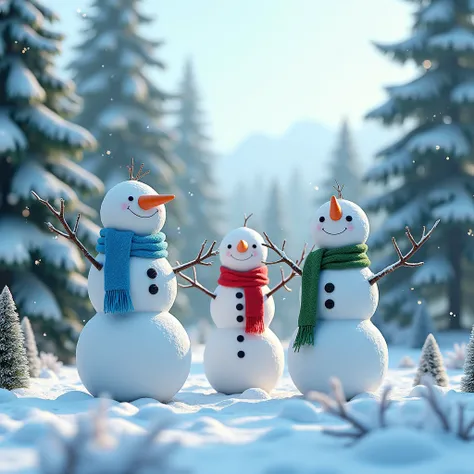 a beautiful detailed winter landscape, 3 snowmen in a snowy forest with blue, red and green scarves, tree branch arms, carrot noses, (best quality,16k,masterpiece:1.2),ultra-detailed,(realistic,photorealistic,photo-realistic:1.37),intricate details,cinemat...