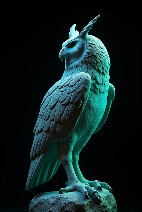 Create a sculpture of a Virginia owl out of stone with black and turquoise lights on a black background in profile