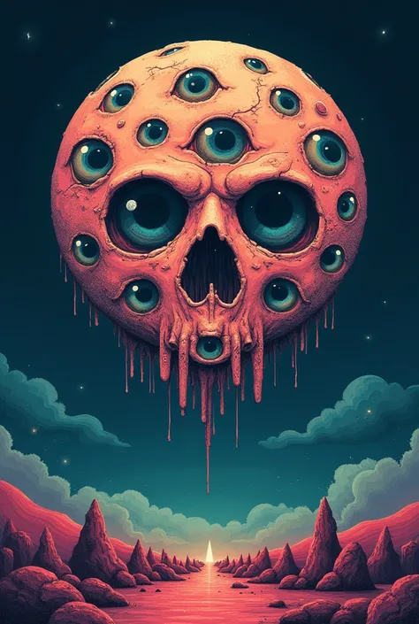 Create a moon with many eyes, mouthless flat psychedelic drawing style 