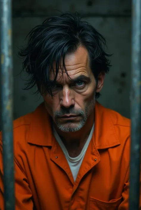 A 38 year old man with emo black hair with black eyes wearing orange prison outfit