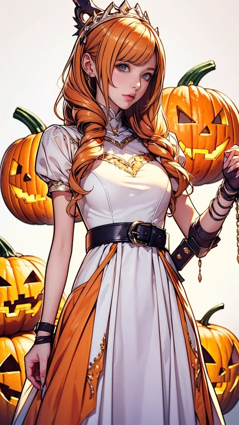 Slimeガール, (Slime), Slimeヘア ダブルおだんごヘアスタイル, Pumpkin Orange, White Princess Dress with Weapon Belt, masterpiece, Highest quality