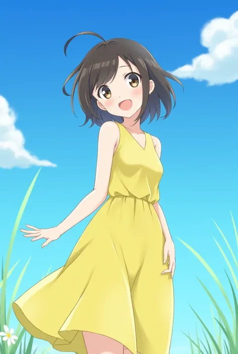 Under the blue sky、A girl wearing a yellow dress
