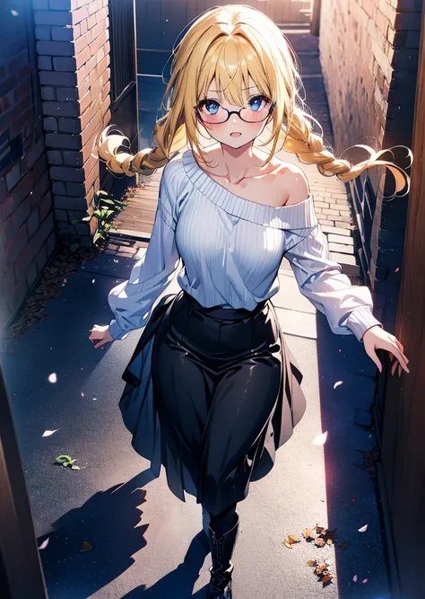 Alicesburg, Alice Zuberg, bangs, blue eyes, Blonde, Hair between the eyes, hair band,smile,blush,Open your mouth, Long braids,Glasses,One-shoulder sweater,Long skirt,Black pantyhose short boots,Walking,Daytime,Clear skies,whole bodyがイラストに入るように,
break outdo...