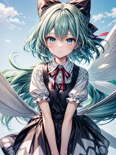 1girl, ((Alluring)),((Wear cold air)),cirno (Touhou), long hair, blue hair, ice wings, ((Hair blowing in the wind)),fairy wings, Blue eyes, bangs, white shirt, collared shirt, puffy short sleeves, blue dress, pinafore dress, red ribbon, neck ribbon, blue b...