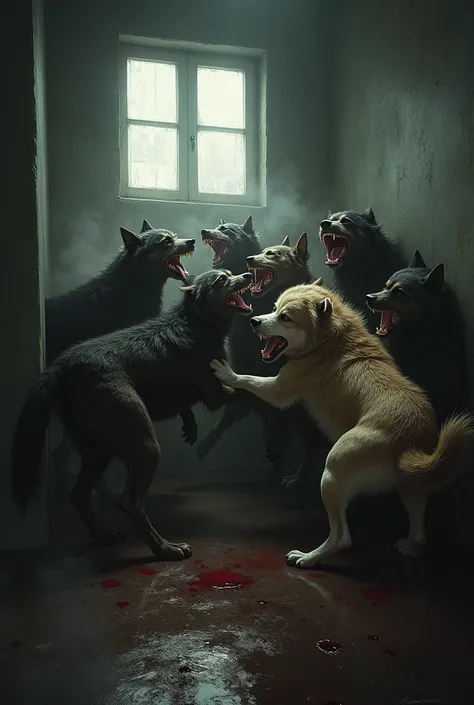 Pack of dogs biting each other in a dark four-walled room 