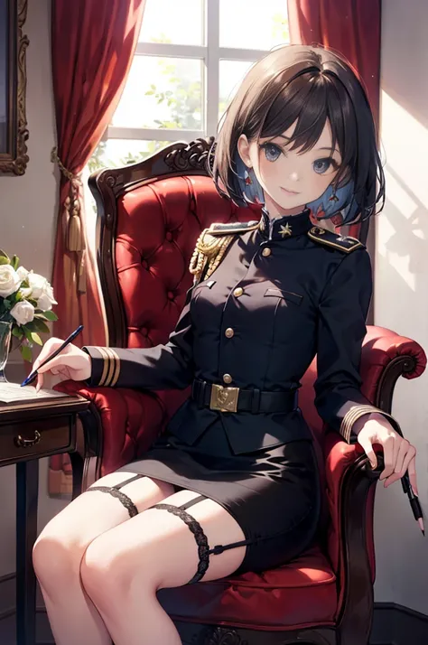 (masterpiece), 4K,woman,I have a pistol,Long-sleeved military uniform,Small breasts,Small Ass,Bobcut,Light bulb lighting,Realistic, skinny, Garter Stockings,smile,Sit in a luxurious chair,((Knee-length pencil skirt)),