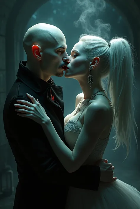 Neo Cortex , Villain from the game Crash bandicoot 4 being kissed by a beautiful albino vampire 