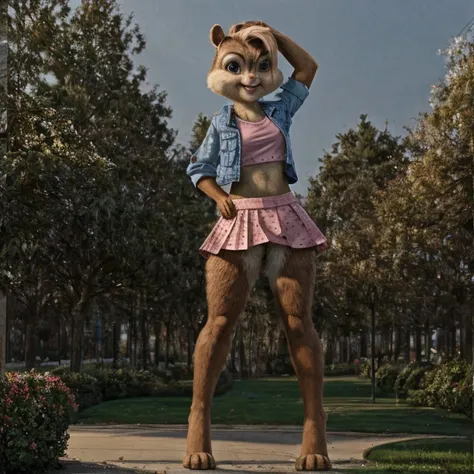 score_9, score_8_up, score_7, score_6, park, brittany miller, chipmunk, furry, short ears, light pink shirt top, jean jacket, pink skirt with black polka dots, standing, lifting skirt, looking at viewer, 6 inches tall