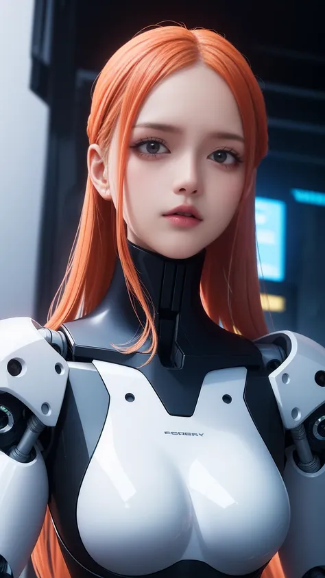 female,robot ,female,robot cyborg mech, peach hair, cyberpunk:0.35, perfect lighting, perfect shading, detailed, intricate, (per...