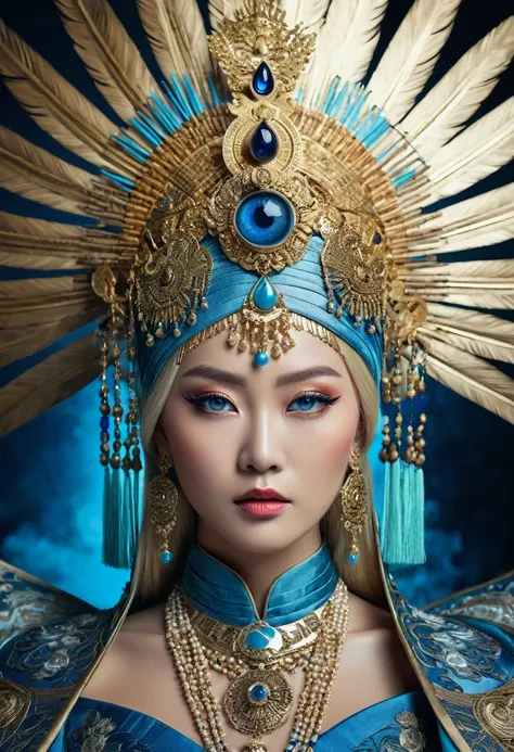 beautiful empress portrait, blonde hair, perfect blue eyes, good, impossible eye-catching large headdress, dramatic studio light...