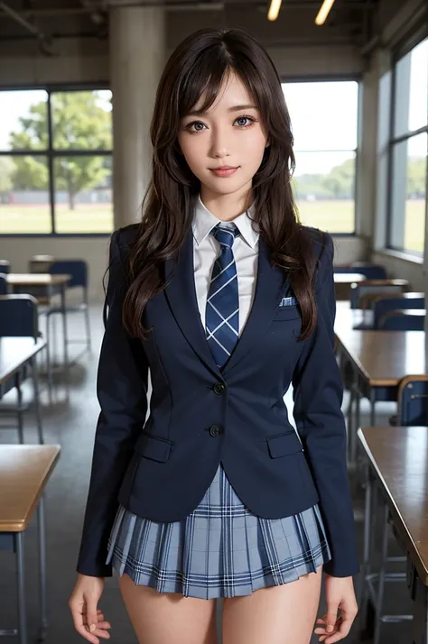 girl standing in a school classroom,blue tie uniform,dark blue blazer,blue plaid skirt,18-year-old,bangs,smile a little,thighs,k...