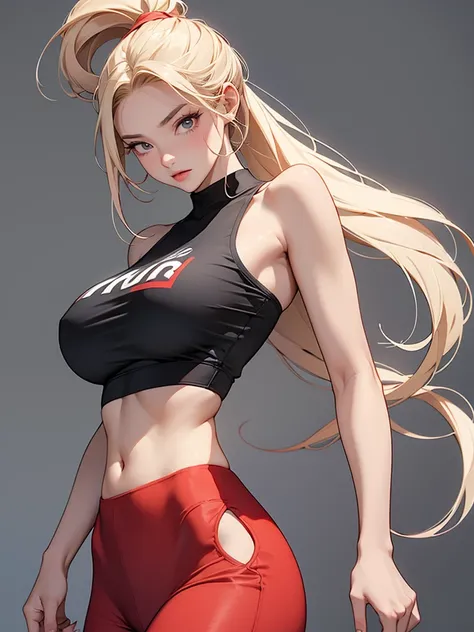 A fit young woman in her 20s wearing a bright red sports bra and black leggings. She has long, straight blonde hair tied in a high ponytail. Her expression is determined, huge boobs,she is walking. 정면을 응시한다