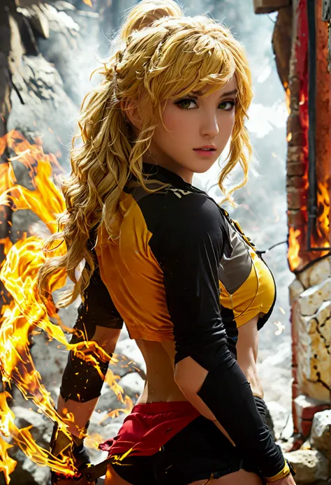 (promotional art), (Whole body), Yang Xiao Long of RWBY, aroused face, yellow hair, mystic fire all around, skin tight shorts, booty cheek shorts, 3/4 looking back pose, lean muscle, strong butt, ass cheek peaks out from shorts