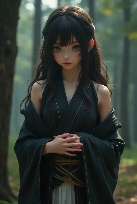 8K, Best quality, masterpiece, very detailed, semi-realistic, Girl, Girl, 20 years old, looking at hands, long dark brown hair with bangs, curly hair, green eyes, black Japanese style clothes, White pants, bare shoulders, golden details, thin figure, cold ...