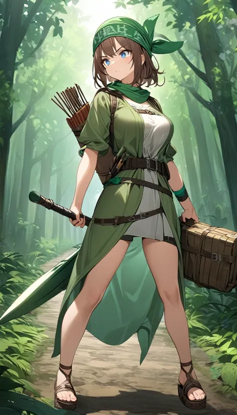 One Girl、Brown Hair、Medium Hair、Wear a bandana on your head、Serious face、blue eyes、Green cotton clothes、Large Breasts、Green arm band、Composite bow in left hand、Waist belt、Carry a quiver on your back、Sandals、Forest road、Fantasy