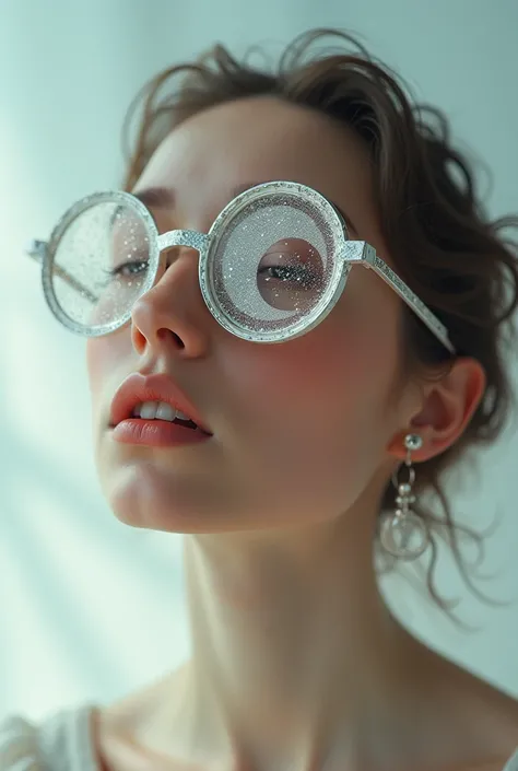 The model is wearing glass sunglasses with stars and the moon on the glass