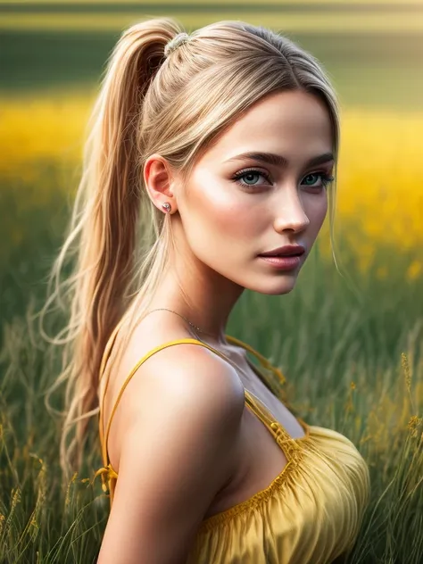 photorealistic, realistic, one, photorealistic, best quality, super high resolution, 1 girl, blonde hair in a ponytail, wearing ...