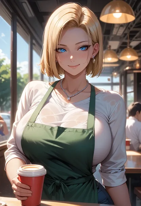 （（（完美shape，shape，alone， （（（Starbucks Coffee staff green apron、Pearl Necklace、Earrings））），（（（AND18, Android 18, Blonde, blue eyes, short hair, ））），((masterpiece)),High resolution, ((Best quality at best))，masterpiece，quality，Best quality，Cinematic lighting、...