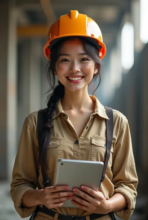 Create an image of an 18-year-old Asian female worker, standing and holding a macbook while wearing a safety helmet. Her face is dirty, but she is smiling with a cute and charming expression. The image should be full-body, with a slightly revealing outfit,...