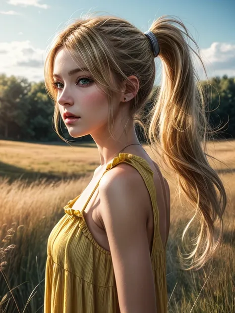 photorealistic, realistic, One, photorealistic, Best quality, super high resolution, 1 girl, Blonde hair in a ponytail, wearing a yellow sundress, wind blowing in the grass, 1 girl, beautiful, masterpiece, Best quality, very detailed face, perfect lighting...