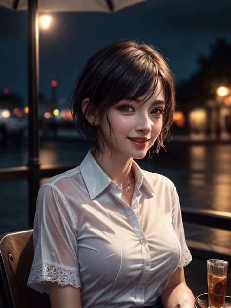 (8K, Best Quality, Masterpiece: 1.2), (Realistic, Photorealistic: 1.37), Super Detailed, 1 Girl, Cute, Alone, Beautiful Detailed Sky, Detailed Cafe, Night, Sitting, Date, (Rush Nose), (Smile: 1.15), (close mouth) Small breasts, Beautiful details, (collared...