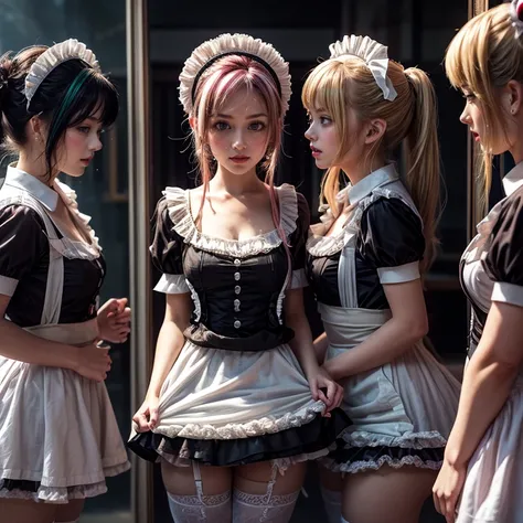 (Extremely Detailed((Kawaii Maid Group in a row:1.37))), Childish perfect face, Reflective Eyes, Detailed(Delicate Clothing textures), Dynamic Joyful Expressions LifeLike Rendering, (Specular Reflection:1.2), TopQuality 8K Ultra-detailed masterpiece (Profe...