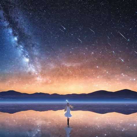 (master piece),(top-quality:1.2),(4k anime),(Uyuni Salt Flat),(standing in Salar de Uyuni),(Reflects the star sky and a lot of shooting stars),((The star sky is reflected on the water)),(very wide shot),1 girl,(solo),small breasts,white lolita fashion,((lo...