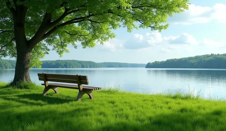 Grass, green grass on the lakeshore with an empty bench under a tree in front of it, lake water and sky background, lake view, green meadow landscape, high definition photography, super realistic scenery, high resolution, high quality, high detail, hyper-r...